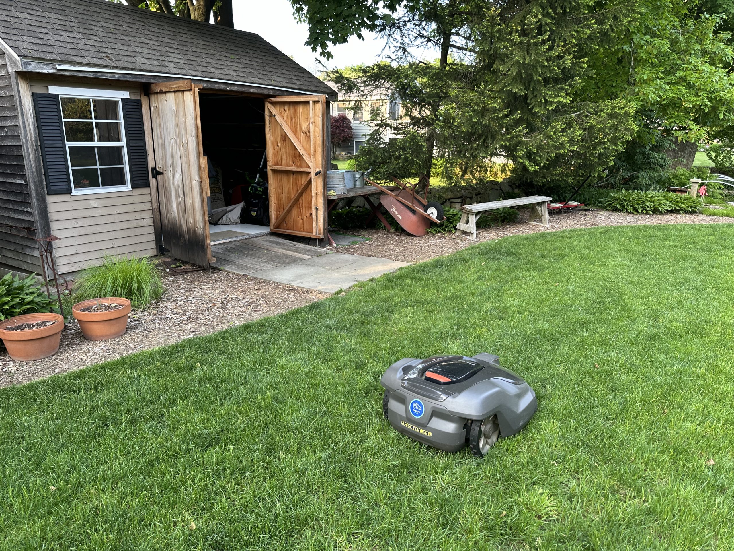 Robotic mower on green grass. Massachusetts